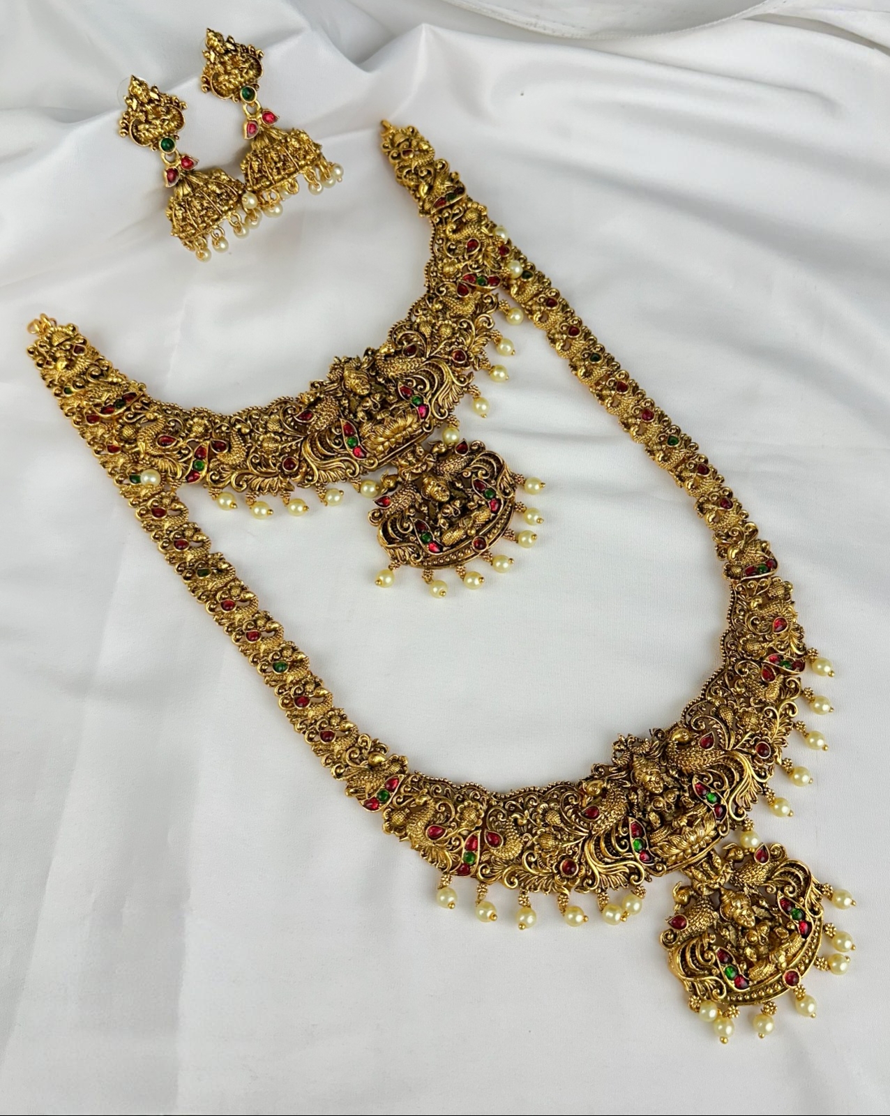 211603 Antique Lakshmi Temple Semi Bridal Long Haram Set with Earrings - Image 1