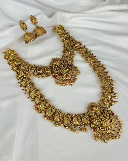 Antique Gold-Plated Semi Bridal Temple Jewellery Set With Lotus Lakshmi Motifs