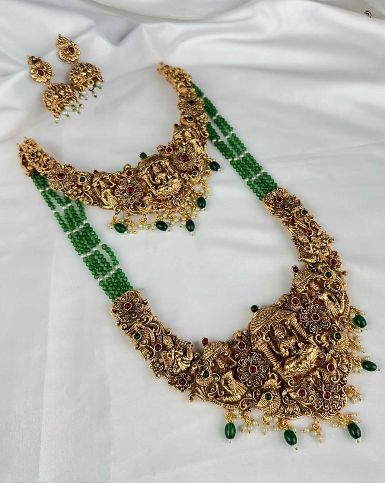 211803 Antique Temple Lakshmi Semi Bridal Green Beads Haram Set with Earrings - Image 1