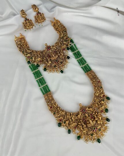 Premium Antique Gold Polish Semi Bridal Temple Jewellery Set with Green Beads