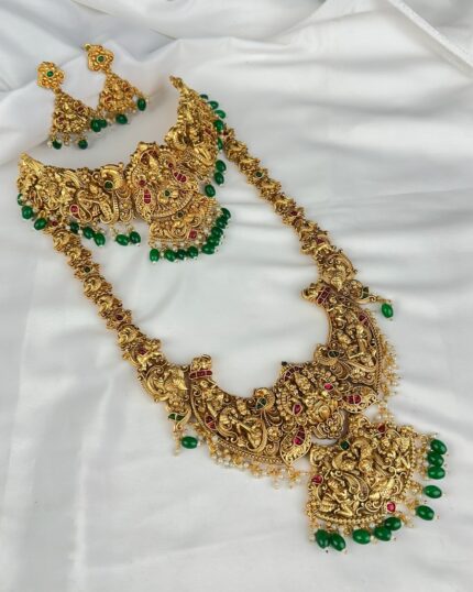 Antique Peacock & Lakshmi Semi Bridal Temple Jewellery Set with Green Beads