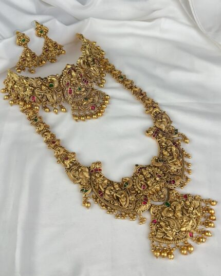 Premium Antique Gold-Plated Semi Bridal Temple Jewellery Set With Kemp Stones