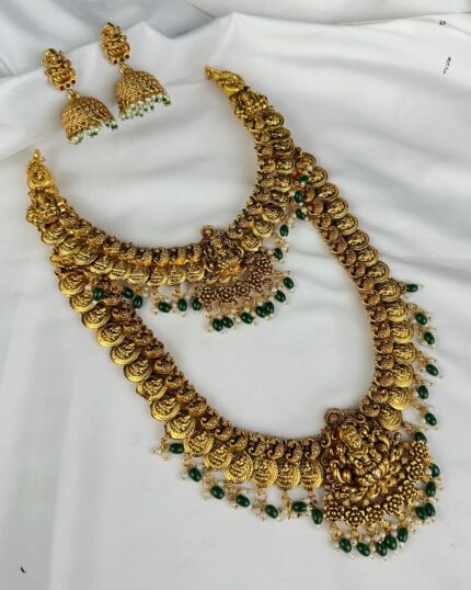 Antique Lakshmi Coin Semi Bridal Haram Set with Green Beads
