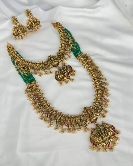 Antique Gold Temple Semi Bridal Jewellery Set with Green Bead Chain