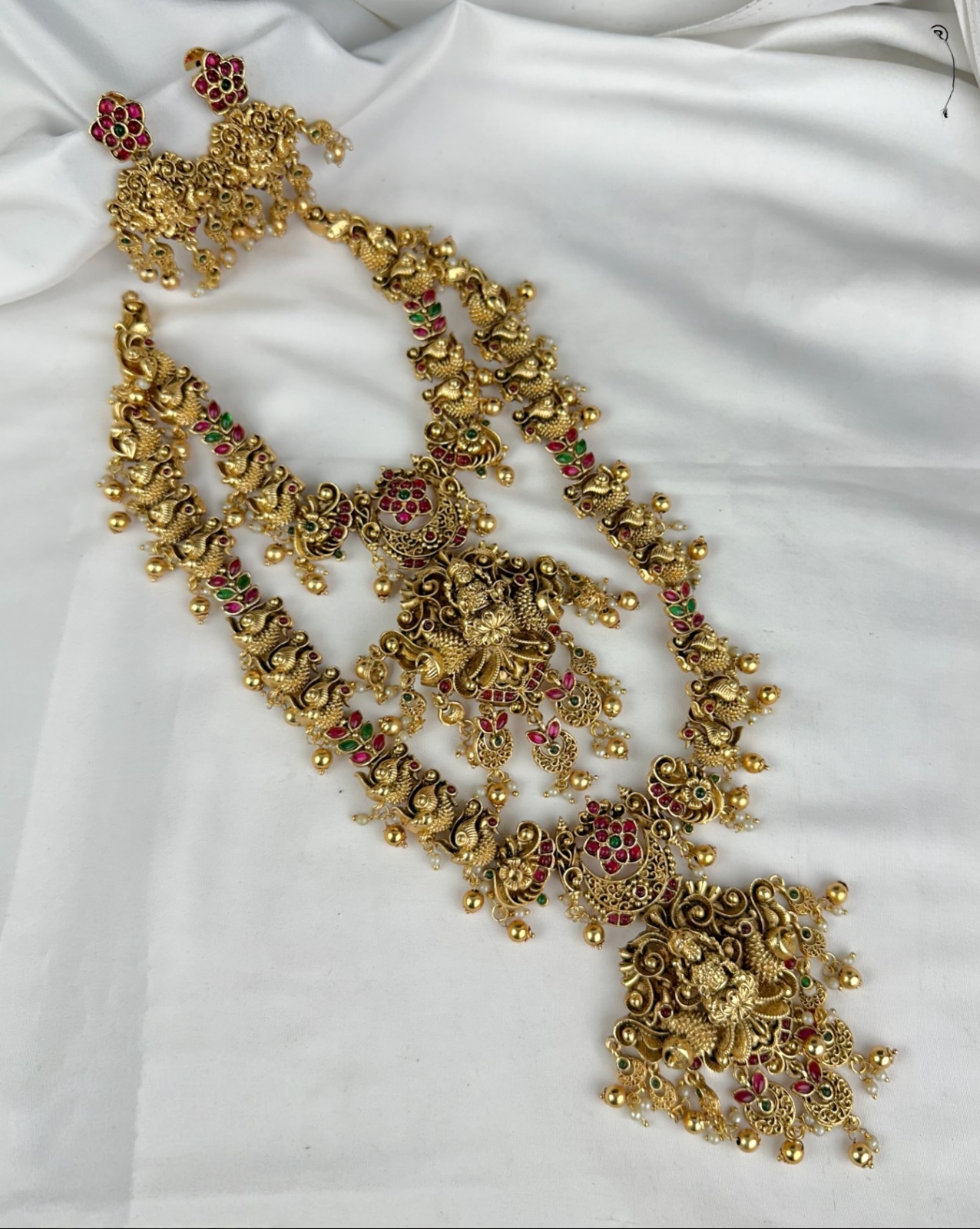 Antique Gold Temple Semi Bridal Long & Short Necklace Set with Kemp Stones Antique Gold Temple Semi Bridal Long & Short Necklace Set with Kemp Stones
