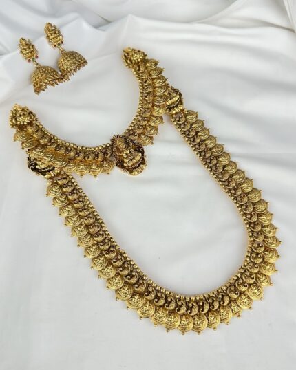 Antique Gold-Plated Semi Bridal Temple Jewellery Set With Double Layer Haaram
