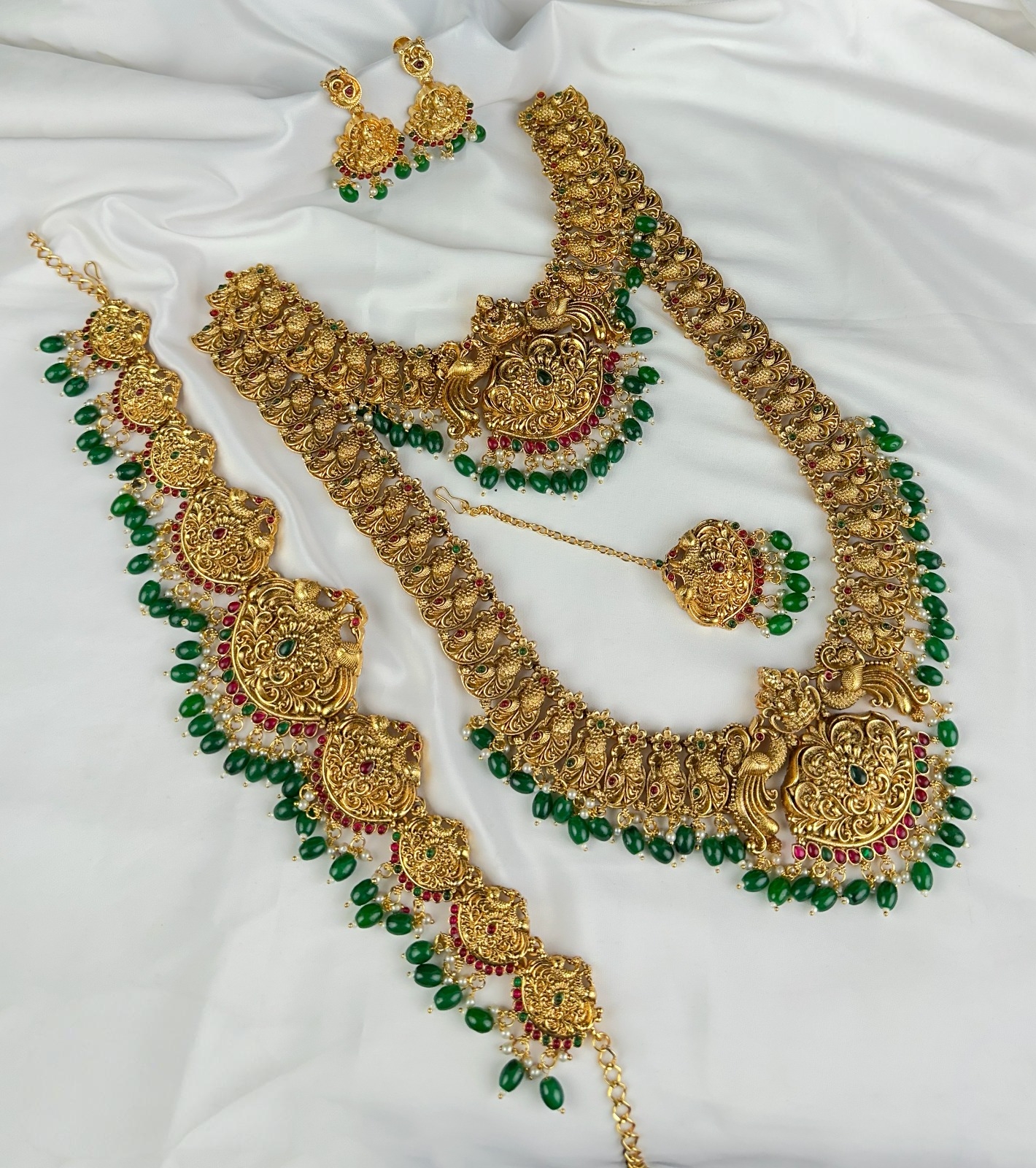 Antique Temple Peacock Semi Bridal Jewellery Set with Green Beads Antique Temple Peacock Semi Bridal Jewellery Set with Green Beads