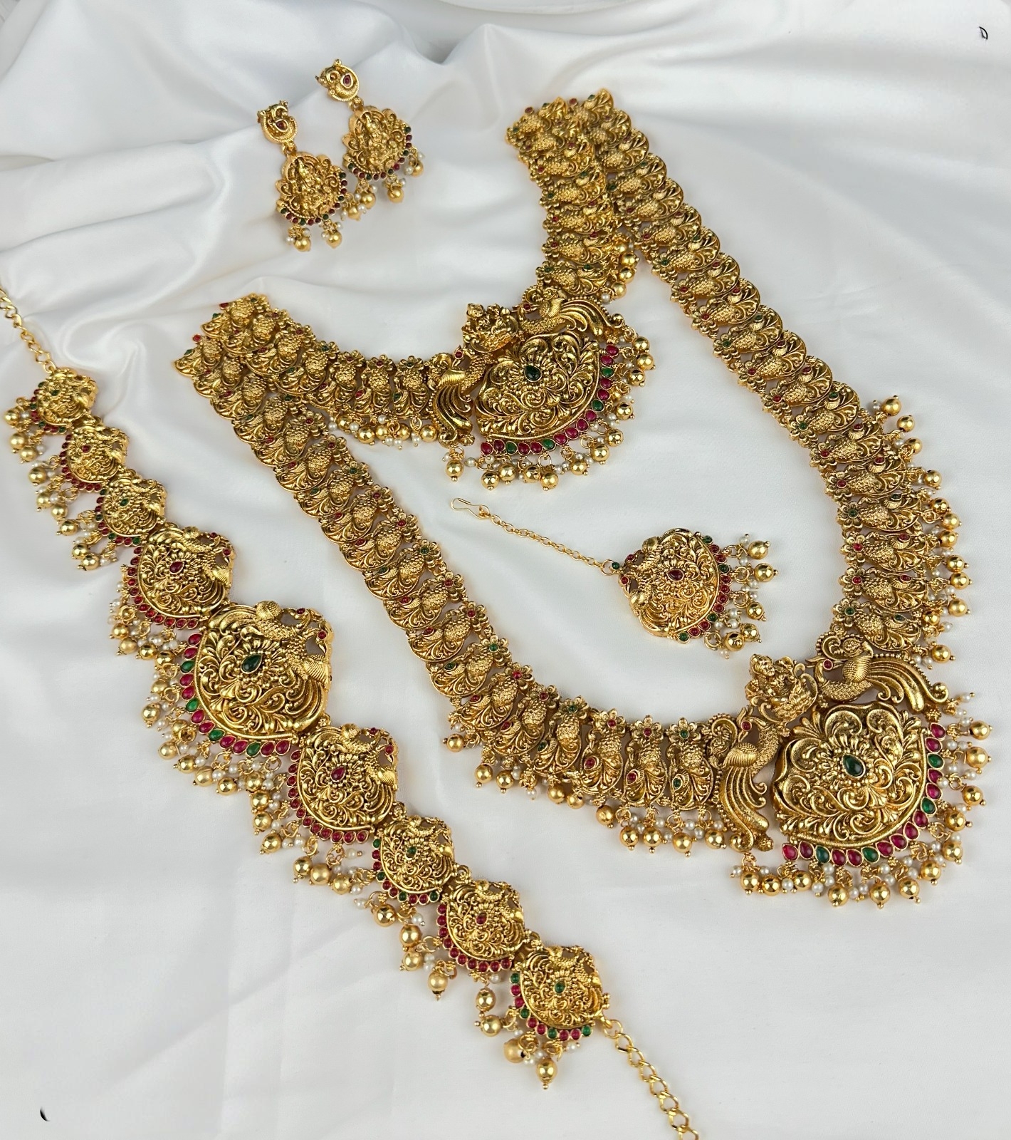 Antique Temple Peacock & Lakshmi Semi Bridal Full Jewellery Set Antique Temple Peacock & Lakshmi Semi Bridal Full Jewellery Set