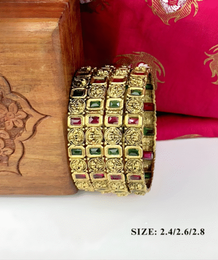 Antique Gold-Plated Bangles With Ruby & Emerald Square Stones