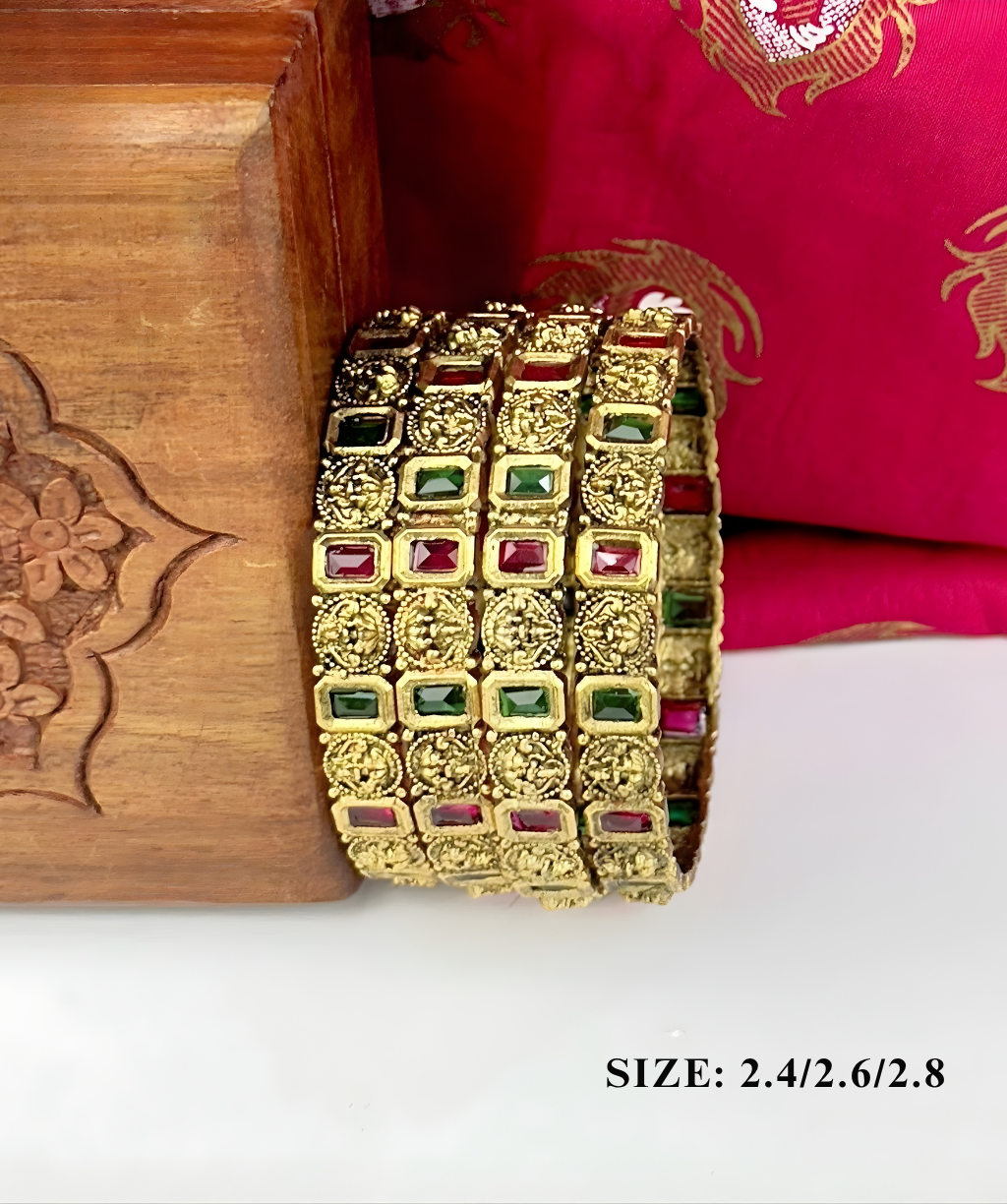 Antique Gold-Plated Bangles With Ruby & Emerald Square Stones Antique Gold-Plated Bangles With Ruby & Emerald Square Stones