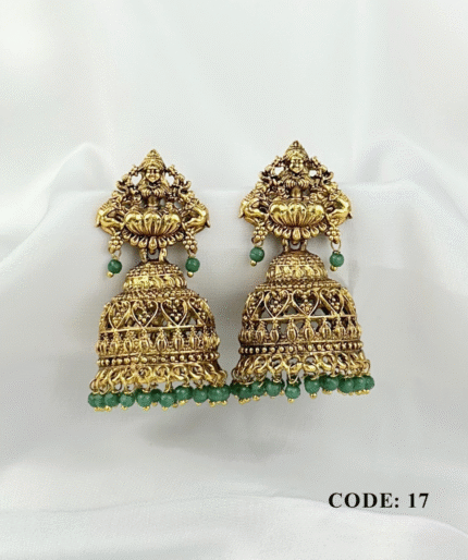 Antique Gold-Plated Goddess Jimikki Earrings With Green Beads