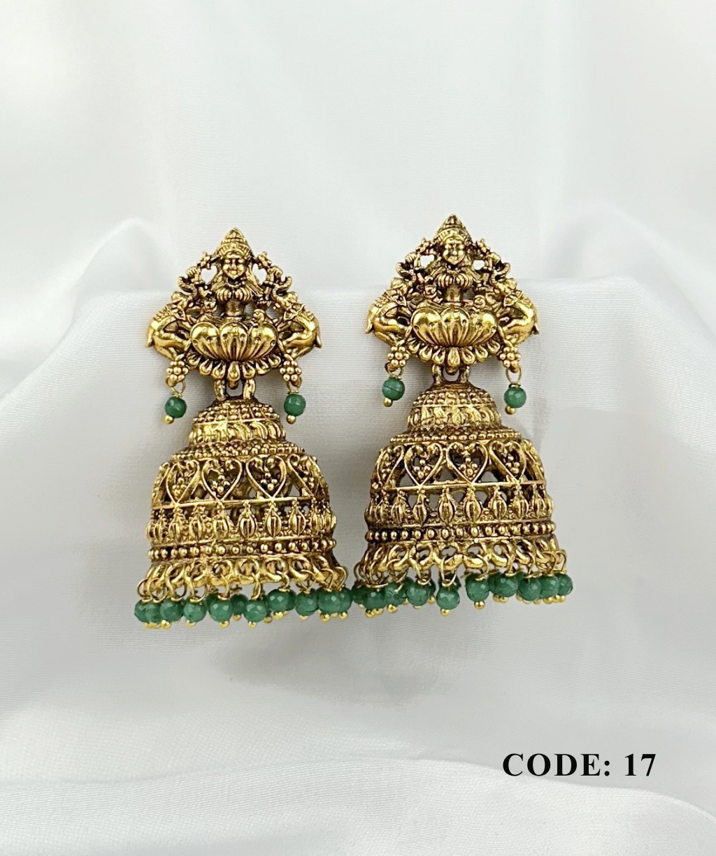 Antique Gold-Plated Goddess Jimikki Earrings With Green Beads Antique Gold-Plated Goddess Jimikki Earrings With Green Beads