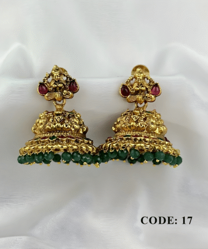 Antique Gold-Plated Goddess Jimikki With Ruby & Green Beads