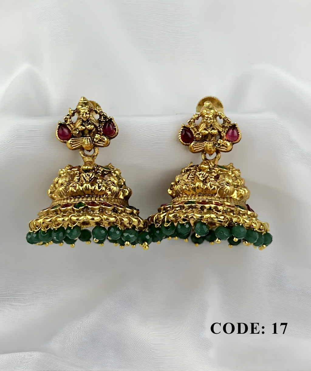 Antique Gold-Plated Goddess Jimikki With Ruby & Green Beads Antique Gold-Plated Goddess Jimikki With Ruby & Green Beads