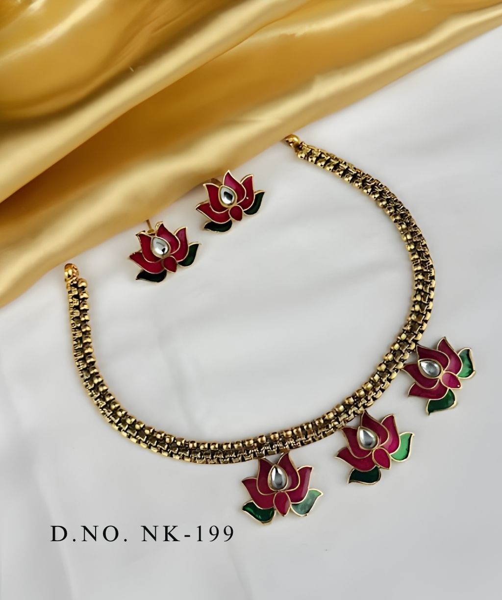 Antique Kundan Square-Cut Choker Set – Gold-Toned Bras (1) Lotus Meenakari Choker Set – Antique Gold-Toned Brass