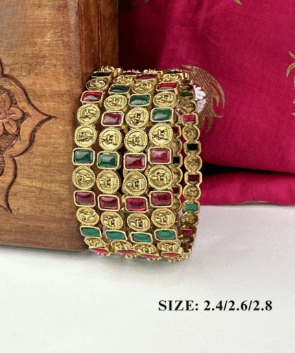 Antique Temple Coin Bangle with Ruby & Emerald Stone Accents