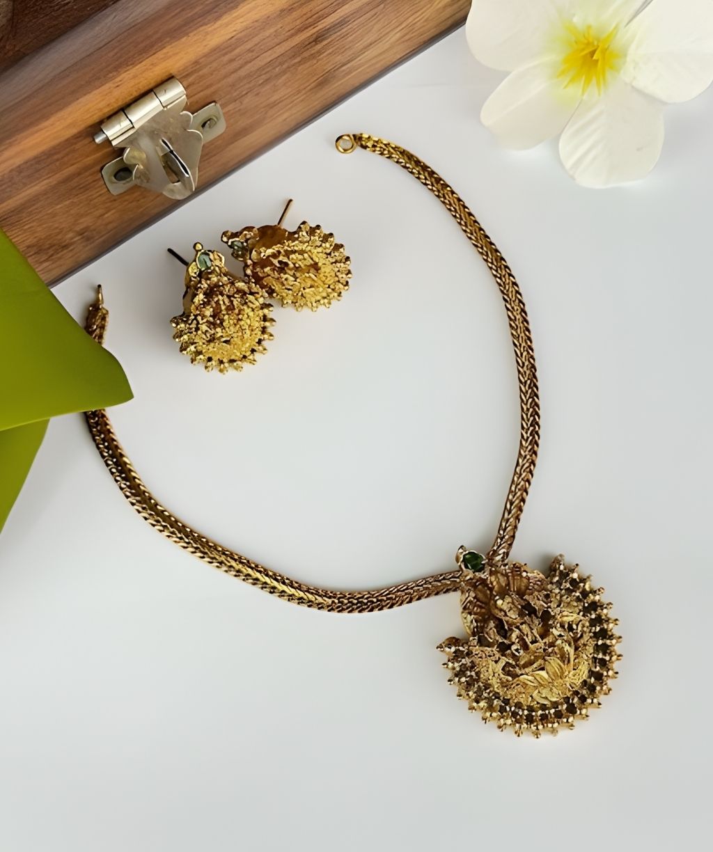 Goddess Lakshmi Temple Necklace Set – Antique Gold With Green Stones Goddess Lakshmi Temple Necklace Set – Antique Gold With Green Stones