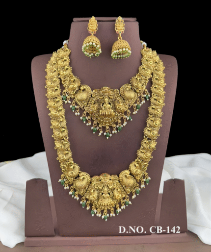 Gold-Plated Semi Bridal Set with Temple Design & Peacock Motifs