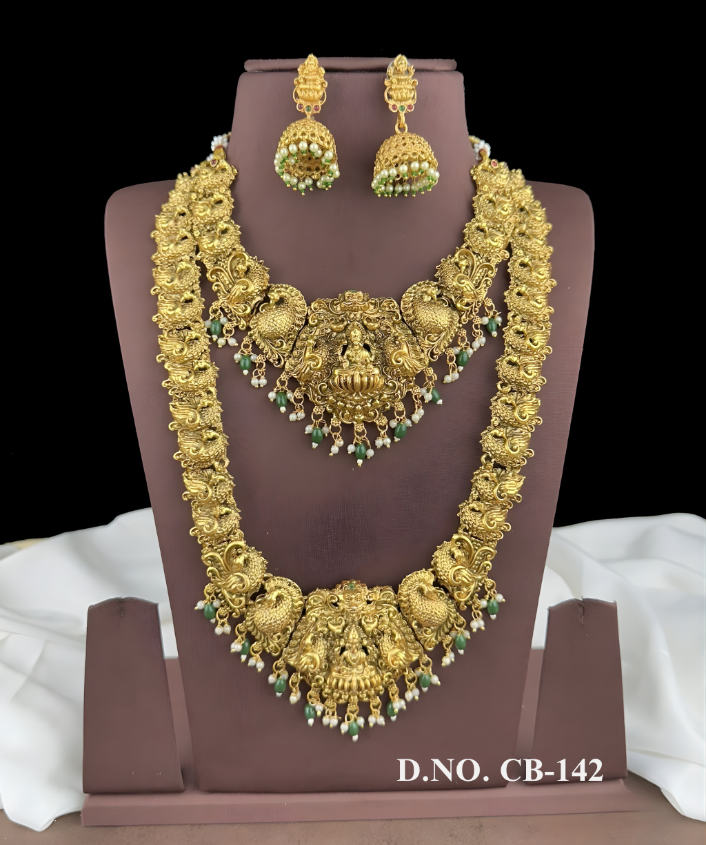 Gold-Plated Semi Bridal Set with Temple Design & Peacock Motifs Gold-Plated Semi Bridal Set with Temple Design & Peacock Motifs