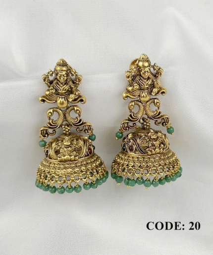 Jimikki With Lakshmi And Peacock Design, Accented With Green Beads