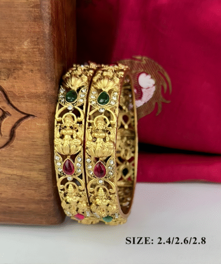 Lakshmi And Lotus Design Gold-Plated Bangles With Ruby & Emerald Stones