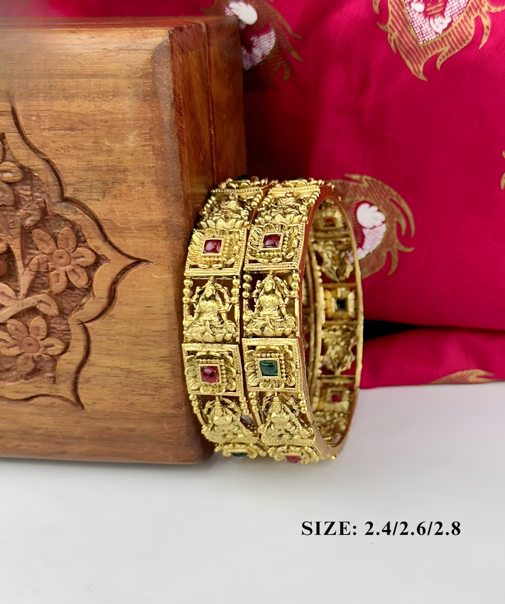 Lakshmi Antique Bangles – Gold Plated With Ruby & Emerald Stone Work Lakshmi Antique Bangles – Gold Plated With Ruby & Emerald Stone Work