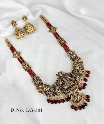 Lakshmi Antique Long Haram – Gold Plated With Ruby Beads