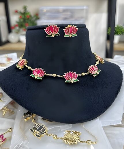 Pink and Green Meenakari Lotus Choker Set – Gold Plated Brass