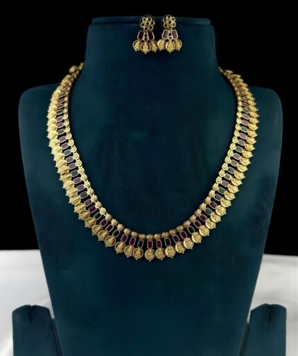 Lakshmi Kasu Short Haram with Ruby & Emerald Stones – Antique Gold
