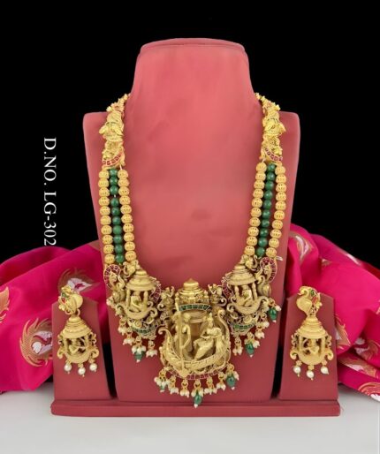 Mythological Theme Temple Long Haram – Antique Matte Gold Finish