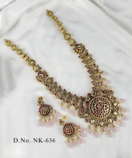 Peacock Antique Necklace-Gold Plated With Ruby, Emerald & Rose Bead