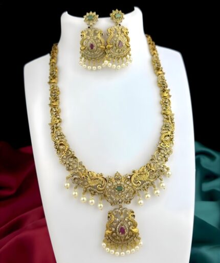 Peacock Design Long Haram Set – Antique Gold Finish & Kemp Stone