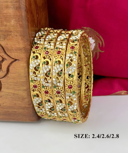 Premium Antique CZ Floral Bangle Set with Ruby & Emerald Stones