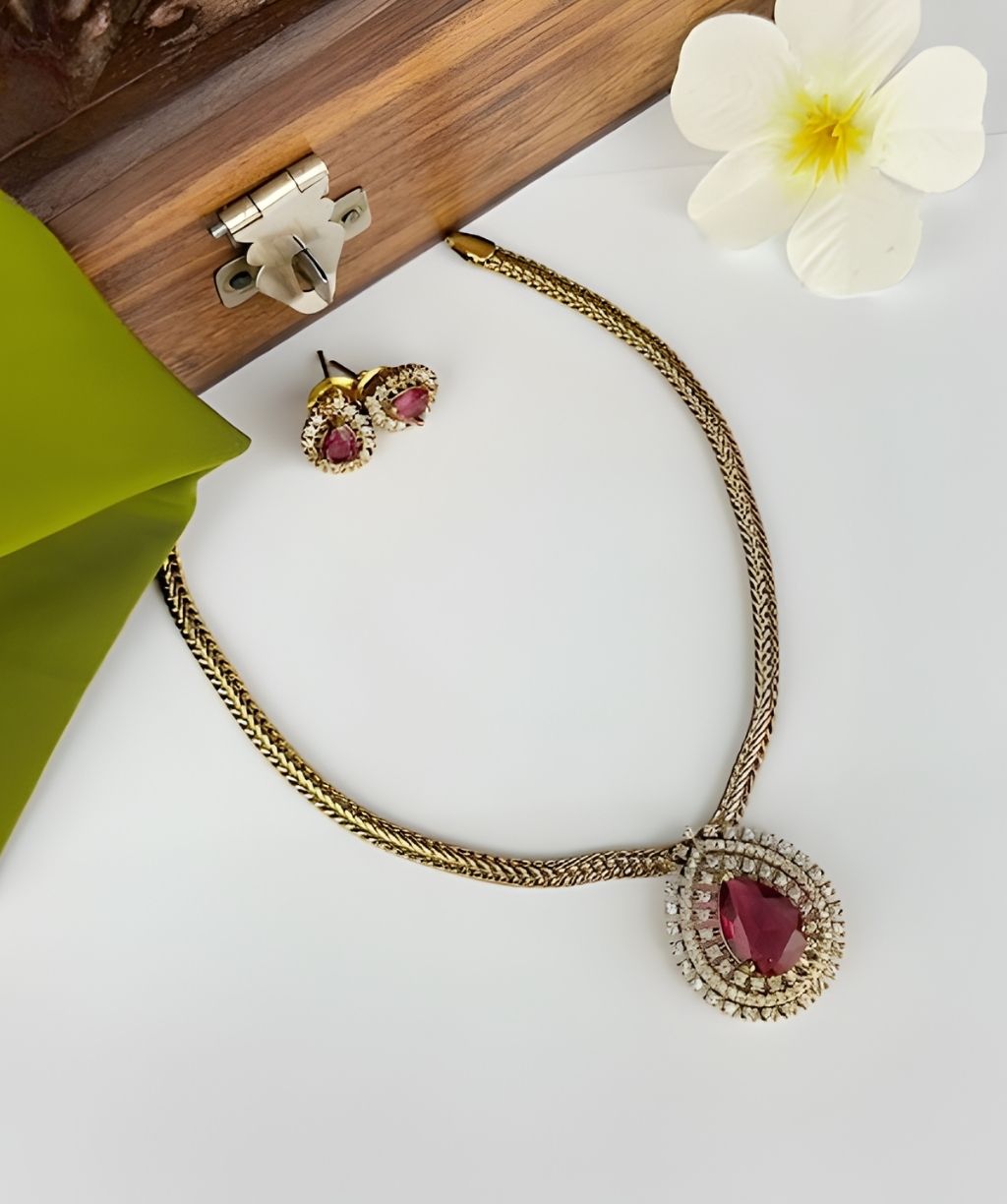 Teardrop Ruby Choker Set – Gold-Plated With CZ Work Teardrop Ruby Choker Set – Gold-Plated With CZ Work