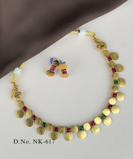 Traditional Lakshmi Coin Choker Necklace Set – Matte Gold Finish