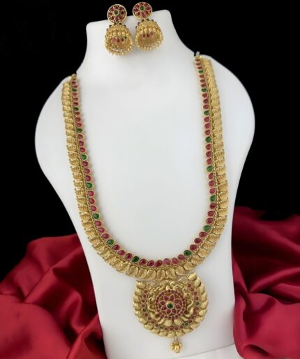 Traditional Mango Design Long Haram Set – Matte Gold Finish With Ruby & Emerald Stones