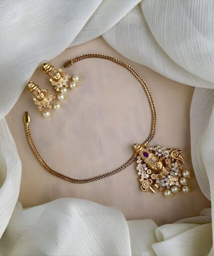 Venkateswara Temple Choker Set – Kemp & CZ, Faux Pearl Drops, Gold-Plated
